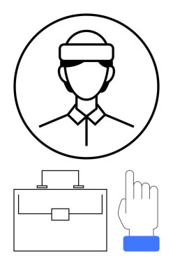 VR kulaklık, evrak çantası ve işaret eden bir el hareketi taktığını düşün. Teknoloji, uzaktan çalışma, iş, yenilik, dijital etkileşim, VR soyut çizgisi düz metaforu için ideal