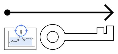 Bir anahtarı işaret eden ok, veri trend çizgisi üzerinde hedef tahtası. Strateji için ideal, hedef belirleme, çözümler, analiz, hedef alma, başarı odaklama. Soyut çizgi düz metafor