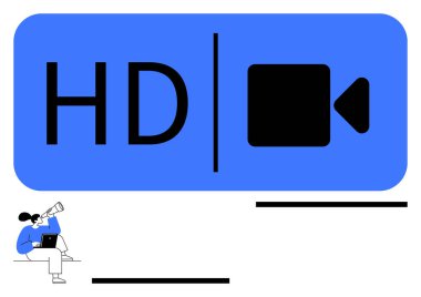 Kalın HD metin mavi bir oyun ikonu ile eşleştirildi. Laptopla oturmuş, kahvesini yudumluyor. Yayın, video düzenleme, HD kalite, çevrimiçi içerik, uzaktan çalışma, yaratıcı medya soyut hattı için ideal