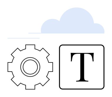 Dişlileri sembolize eden mekanizma, T, metin kullanımını ve bir bulut. Otomasyon, bulut teknolojisi, veri akışı, dijital işleme, yazılım araçları, yapay zeka yeniliği ve soyut çizgi için ideal