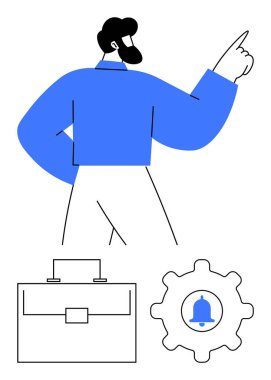 Yönlendirme için el kol hareketi yapan adam, iş organizasyonu için evrak çantası, iş akışı uyarıları için teçhizat ikonu. Liderlik için ideal, planlama, üretkenlik, takım çalışması, rehberlik