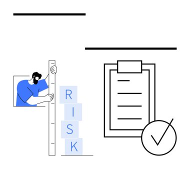 RİSK bloklarını işaretli kontrol listesinin yanında ölçen kişi. Risk değerlendirmesi, karar verme, planlama, proje yönetimi, izleme, kalite kontrolü, soyut düz metafor için ideal