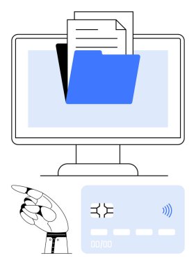 Mavi klasörlü ve kağıtlı bilgisayar ekranı, dijital kredi kartını gösteren robot el. Çevrimiçi güvenlik, ödemeler, otomasyon, yapay zeka, veri depolama, fintech, soyut düz metafor için ideal
