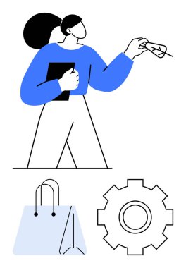 Kendine güveni tam bir kadın elinde kağıt ve kalem, alışveriş çantası perakendeciyi sembolize ediyor ve verimlilik için vites simgesi. İş için ideal, perakende, planlama, ticaret, organizasyon, pazarlama soyut çizgi