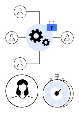 Dişliler birden fazla takım üyesini birbirine bağlayan iş akışı süreçlerini sembolize eder, güvenli işbirliğini vurgularlar. Bir kronometre ve kullanıcı profili içeriyor. Takım çalışması, zaman verimliliği, proje yönetimi için ideal