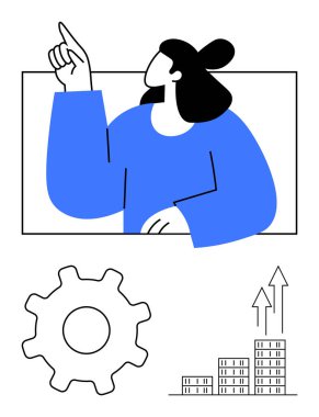 Yukarı bakan kadın, süreci ve teknolojiyi temsil eden dişliler, büyümeyi gösteren çizelge ile yukarı doğru oklar. İş stratejisi, liderlik, yenilik, başarı, takım çalışması, planlama için ideal