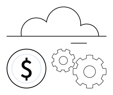 Bulut özeti, daire içinde dolar işareti, iki dişli dişli dişli. İş, finans, teknoloji, bulut hesaplama mühendisliği girişimleri için idealdir. Çizgi benzetmesi. Çizgi benzetmesi. Basit satır simgeleri