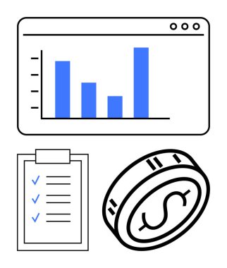 Bar grafik, kontrol listesi ve madeni para finansal analizi ve karar verme araçlarını temsil ediyor. Finans, iş planlaması, veri analizi, hedef izleme, yatırımlar ve ekonomik büyüme için ideal