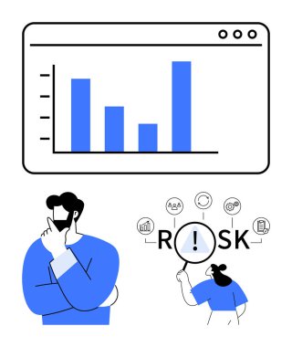 Man pondering next to bar chart. Woman examining risk icon with magnifying glass. Ideal for analytics, decision-making, business strategy, market research, risk analysis, financial planning clipart