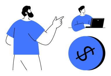 Uzaktan kumandalı çalışmalar yapan şahıslar birini işaret eden biri, diğerini de dizüstü bilgisayar kullanarak temsil ediyor. Büyük dolar işareti maddi durumu gösteriyor. Takım çalışması, verimlilik ve eğitim için ideal