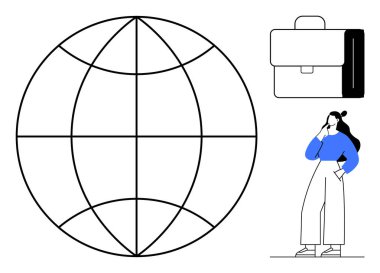 Elleri çenesinde, evrak çantası ve dünya çizgisi yanında duran bir adam. Küresel işletme, işyeri stratejisi, kariyer büyümesi, mesleki kararlar, uluslararası ticaret, ağ oluşturma için ideal