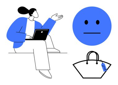 Dizüstü bilgisayarı olan biri tarafsız bir yüz duygusuna ve fiyat etiketli bir çantaya doğru hareket eder. Çevrimiçi alışveriş, tüketici davranışı, e-ticaret, dijital iletişim, duygular, alışveriş eğilimleri için ideal