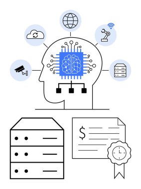 Beyin devresi elementlere bağlı olan insan kafası robot kolu, bulut, sunucu, küre, kamera. Veritabanı ve sertifika simgeleri aşağıda. Yapay zeka, teknoloji ve robot veri bulut hesaplaması için ideal