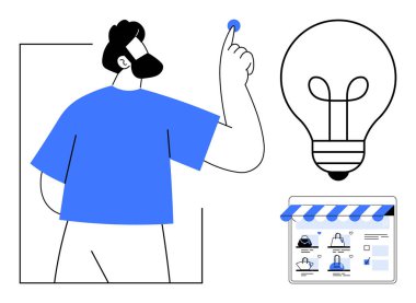 Mavi gömlekli adam ampullere uzanıyor. Ürünleri sergilenen bir internet mağazası. E-ticaret, yaratıcı fikirler, yenilik, çevrimiçi alışveriş, başlangıç kavramları, iş büyümesi, dijital pazarlama için ideal