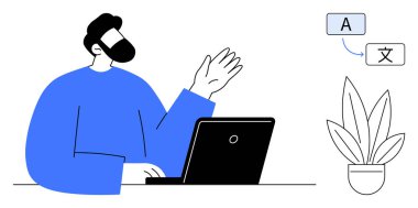 Dizüstü bilgisayarın yanında farklı dilleri ve saksı bitkilerini gösteren baloncuklar sallayan biri. Dil öğrenmek için ideal, çevrimiçi eğitim, kültürel değişim, küresel iletişim, dijital