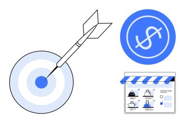 Oklu hedef, mavi dolar işareti, e-ticareti gösteren internet sayfası. İş stratejisi, satış hedefleri, çevrimiçi pazarlama, e-ticaret mağazaları, finansal hedefler için ideal