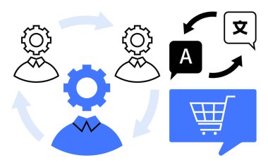 İnsanlar vitesli ana hatlar, çeviri simgeleri, konuşma balonunda alışveriş arabası, dairesel oklar. Küresel iş, e-ticaret, çeviri hizmetleri, takım çalışması, iletişim için ideal