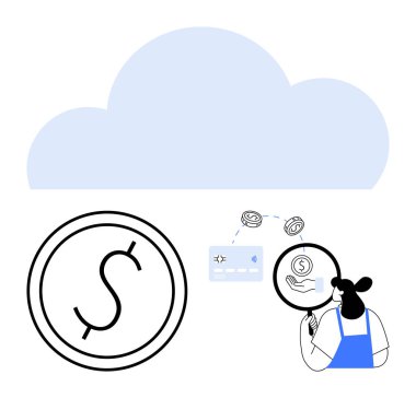 Kadın büyüteç altında dijital mali işlemleri inceliyor. Dolar işareti ve kredi kartı olan büyük bir sikke, bulut fonuna karşı. Finans, güvenlik, teknoloji, internet ve bankacılık için ideal