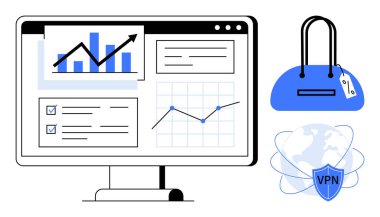 Veri analizleri bilgisayar ekranında grafikler, listeler ve grafiklerle etiketli mavi alışveriş çantası ve VPN sembolüyle görüntülenir. E-ticaret, siber güvenlik, pazarlama, veri analizi için ideal