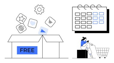Bedava etiketli, yazılım ikonları yıldızı, dünya, oyun, araba, vites, mavi takvim, seyyar alışveriş arabası olan koltuklu müşteri. E-ticaret stratejisi pazarlaması için promosyon yazılımı için ideal