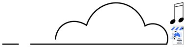 Bulut şekli müzik notaları ve belge simgesine bağlandı. Teknoloji, veri depolama, çevrimiçi hizmetler, müzik akışı, dijital işbirliği, bulut hesaplama, bağlantı için ideal. Soyut çizgi