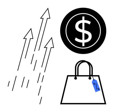 Dolar para birimi sembolüne ve mavi etiketli alışveriş çantasına doğru yükselen oklar. Ekonomik büyüme, tüketici davranışı, mali eğilimler, gelir artışı, piyasa dinamikleri, perakende satışları için ideal
