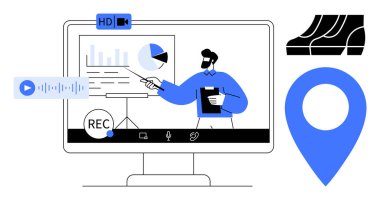 Grafikler, grafikler ve ses dalgalarıyla monitörde veri sunumu. Sanal toplantılar, web siteleri, çevrimiçi eğitim, uzak çalışma, video konferansı, dijital iletişim sesi için ideal