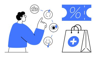 Sağlık kontrolü seçeneklerini temsil eden duyusal ikonları gösteren kişi. İndirim kuponu ve tıbbi alışveriş çantası da dahil. Sağlık hizmetleri, tıbbi perakende, çevrimiçi alışveriş, sağlık farkındalığı için ideal