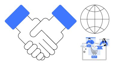 El sıkışma anlaşması, küresel erişimi temsil eden dünya ve kullanıcılarla çevrimiçi alışveriş arabası. Ortaklık, e-ticaret, küresel ticaret, işbirliği, iş anlaşmaları, dijital