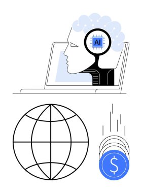 Dizüstü bilgisayarında yapay zeka çipi olan insan kafası, küresel temsil ve dijital para yığını. Teknoloji, finans, küresel işletme, AI geliştirme, yenilik, yatırım dijital için ideal