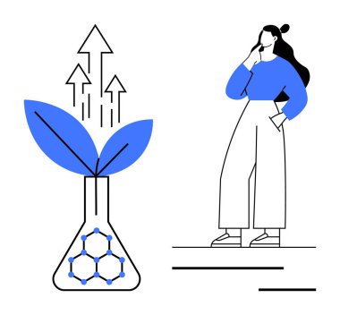 Woman pondering, plant in laboratory flask with molecular structure, rising arrows indicating growth or progress. Ideal for innovation, scientific research, biotechnology, eco-friendly solutions clipart