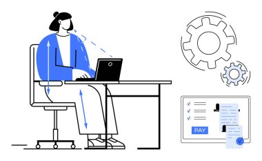 Bir dizüstü bilgisayarda çalışan bir teknisyen. Görev yönetimi için ekranda verimliliği, dijital maaş bordrosunu belirten dişli mekanizmaları. Verimlilik, uzaktan çalışma, otomasyon, iş için ideal