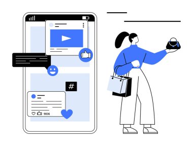 Alışveriş torbaları tutan ve sosyal medya elemanlarını gösteren cep telefonuyla etkileşim halinde olan bir kadın video, kalp, yorum, meta veri etiketi gibi şeyleri onaylıyor. Çevrimiçi sosyal medya bağlantısı için ideal