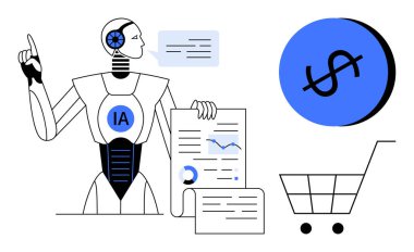 Göğüs uçlarında IA olan bir robot, alışveriş arabasının ve dolar işaretinin yanında dosyalarla dokümanları tutuyor. Teknoloji, finans, e-ticaret, veri analizi, yenilik, gelecekteki eğilimler için ideal