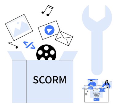 SCORM box with images, video, music note, coding icon, email, and E-commerce screen with buy button. Ideal for e-learning, multimedia, coding digital marketing e-commerce online education digital clipart