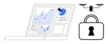 Laptop ekranında çeşitli grafik ve grafikler, güvenlik kameraları ve bir güvenlik kilidi simgesi var. Siber güvenlik, veri analizi, iş zekası, gizlilik koruması ve bilişim güvenliği için ideal