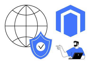 Etrafı kontrol işaretli güvenlik kalkanıyla çevrili, stilize edilmiş altıgen mavi logo, dizüstü bilgisayarı olan müşteri destek ajanı. Teknoloji, siber güvenlik, küresel bağlantı, çevrimiçi destek, veri için ideal