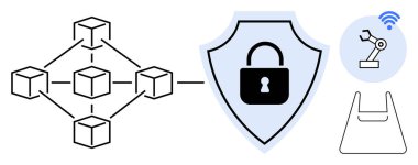 Kilitli, kablosuz robotik kolu ve makine simgesi olan bir kalkana bağlı blok zinciri ağı. Siber güvenlik, otomasyon, mahremiyet, IoT, teknoloji, imalat ve veri koruma temaları için ideal