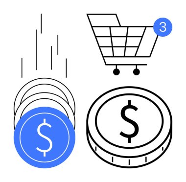 Bildirimli alışveriş arabası, birden fazla bozuk para, ve dolar işareti ticareti ve çevrimiçi satın alma. E-ticaret, finans, çevrimiçi alışveriş, işlem, tasarruf, pazar yerleri için ideal