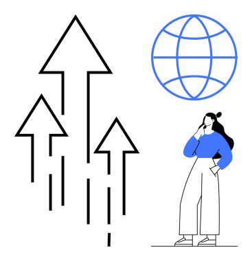 Kadın, gelişim ve ilerlemeyi gösteren yukarı bakan üç ok düşünüyor. Arkasında mavi bir küre çizgisi var. Ticari büyüme için ideal, küresel strateji, yenilik, kariyer gelişimi
