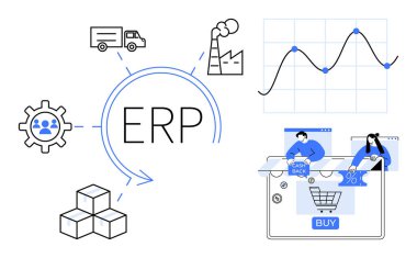 ERP system connecting logistics, manufacturing, workforce management, e-commerce, and data analytics. Ideal for business automation, resource planning, data analysis, supply chain management clipart