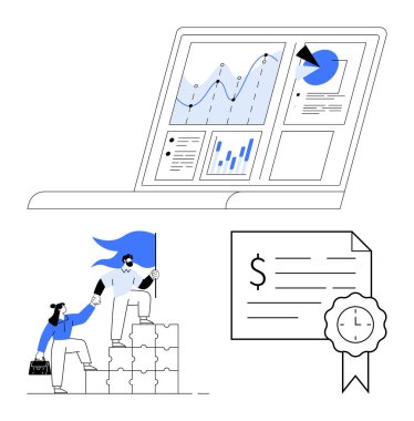 Laptop ekranında iş adamlarının elinde bayrak tutarak merdivenlerden tırmandığı veri tabloları görülüyor. Mühürlü sertifika. İş büyümesi, takım çalışması, başarı, liderlik, üretkenlik için ideal