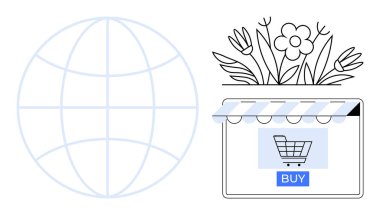 Küre, alışveriş arabası ikonu ve çiçeklerin altındaki satın alma düğmesi olan bir mağaza vitrininin yanındaki bağlantıyı sembolize ediyor. E-ticaret, küresel ticaret, çevrimiçi alışveriş, dijital pazarlama için ideal