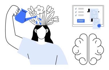 Başlarından çiçek açan insan suları gelişmeyi simgeler. Listeli beyin simgesi ve pano. Kişisel büyüme, zihinsel sağlık, üretkenlik, eğitim ve farkındalık için ideal