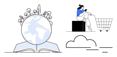 Küre ve bitkilerle dolu açık bir kitap, alışveriş arabası ve tableti olan biri. Eğitim, sürdürülebilirlik, küresel farkındalık, dijital öğrenme, online alışveriş, modern teknoloji okumak için idealdir. Soyut