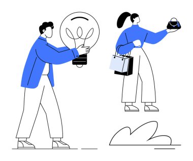 Büyük bir ampul tutan bir adam ve alışveriş torbalı bir kadın, yenilik ve tüketici davranışını temsil ediyor. Yaratıcılık, yenilik, e-ticaret, pazarlama, tüketici davranışı, fikir üretimi için ideal