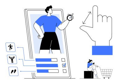 Fitness koçluğu uygulamalı büyük bir akıllı telefon, egzersiz simgeleri, ilerleme çubukları ve büyük bir el hareketini gösteriyor. Fitness, teknoloji, sağlık, kullanıcı etkileşimi, mobil uygulamalar için ideal dijital