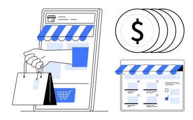 Mobil cihazın, para biriminin ve e-ticaret sitesinin önünde el ele tutuşan el çantası. Dijital perakende, mobil ticaret, çevrimiçi ödeme, sanal alışveriş, e-ticaret, para kazanma için ideal