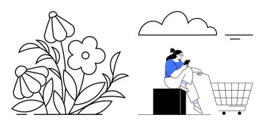 Kutunun üzerinde dinlenen bir kadın yanında boş bir alışveriş arabasıyla akıllı telefonuna bakıyor. Basit çiçekler ve arka planda bulut. Çevrimiçi alışveriş, rahatlama, teknoloji ve modern yaşam için ideal