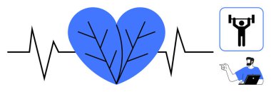 Kalp atışları dallarla dolup taşıyor. Adam halter ikonunu dizüstü bilgisayarla gösteriyor. Fitness, sağlık, teknoloji, refah, kalp sağlığı, egzersiz ve teknoloji entegrasyonu için ideal